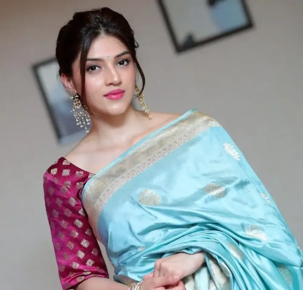 Indian Actress Mehrene Kaur In Traditional Blue Silk Saree